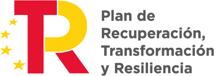 Logotipo del Plan de Recuperación, Transformación y Resiliencia, que incluye las letras "R" y "T" en colores rojo y amarillo, junto con estrellas que representan la Unión Europea.