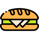Icono de hamburguesa con pan dorado, lechuga y queso, ideal para representar comida rápida y deliciosa.