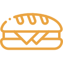 Icono de un sándwich con pan dorado y relleno visible, representando comida rápida y deliciosa. Ideal para ilustrar contenido sobre gastronomía o recetas.